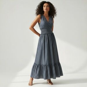 $118 Max Studio Dress Women’s Blue White Striped V Neck Sleeveless Tiered Maxi S